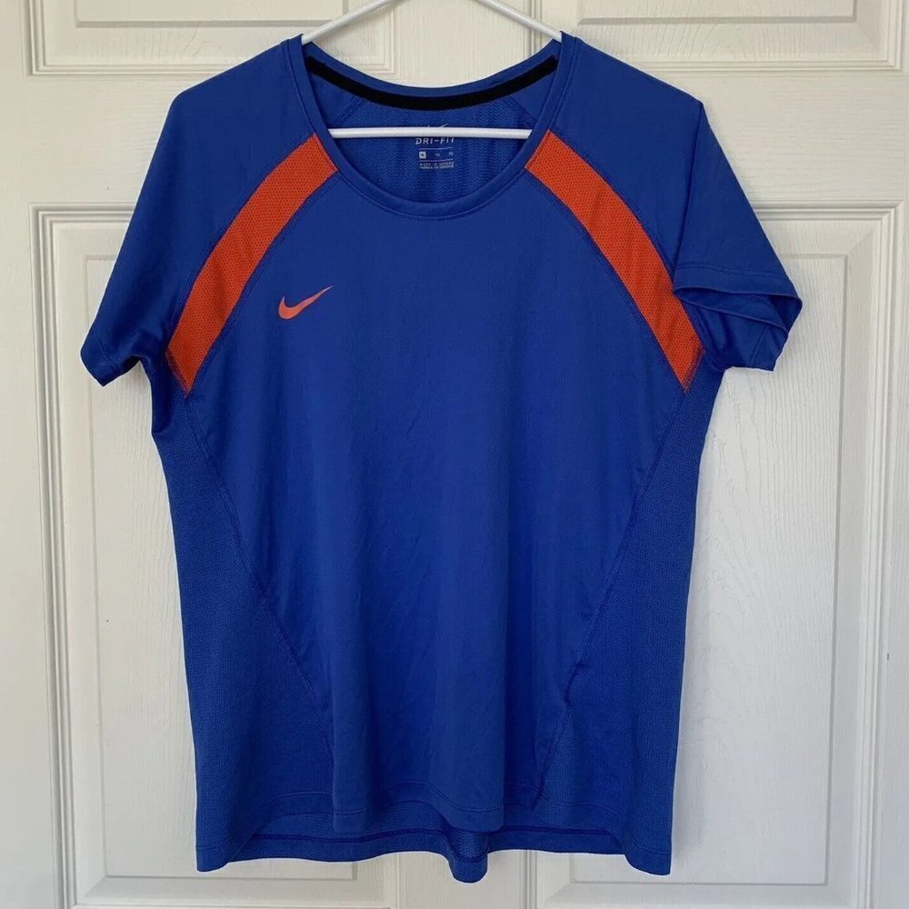 Nike Dri Fit Women’s XL Short Sleeve Short Blue Orange Shirt Mesh Sides